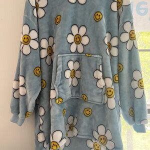 Cozy Blue Floral Smiley Face Blanket Hoodie